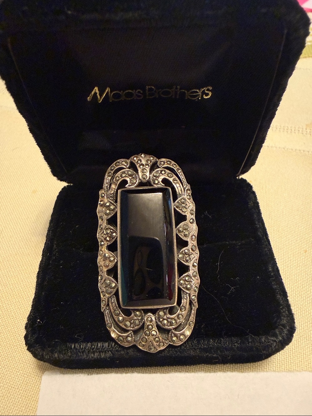 Black Onyx and marcasite Vintage Art Deco Ring.